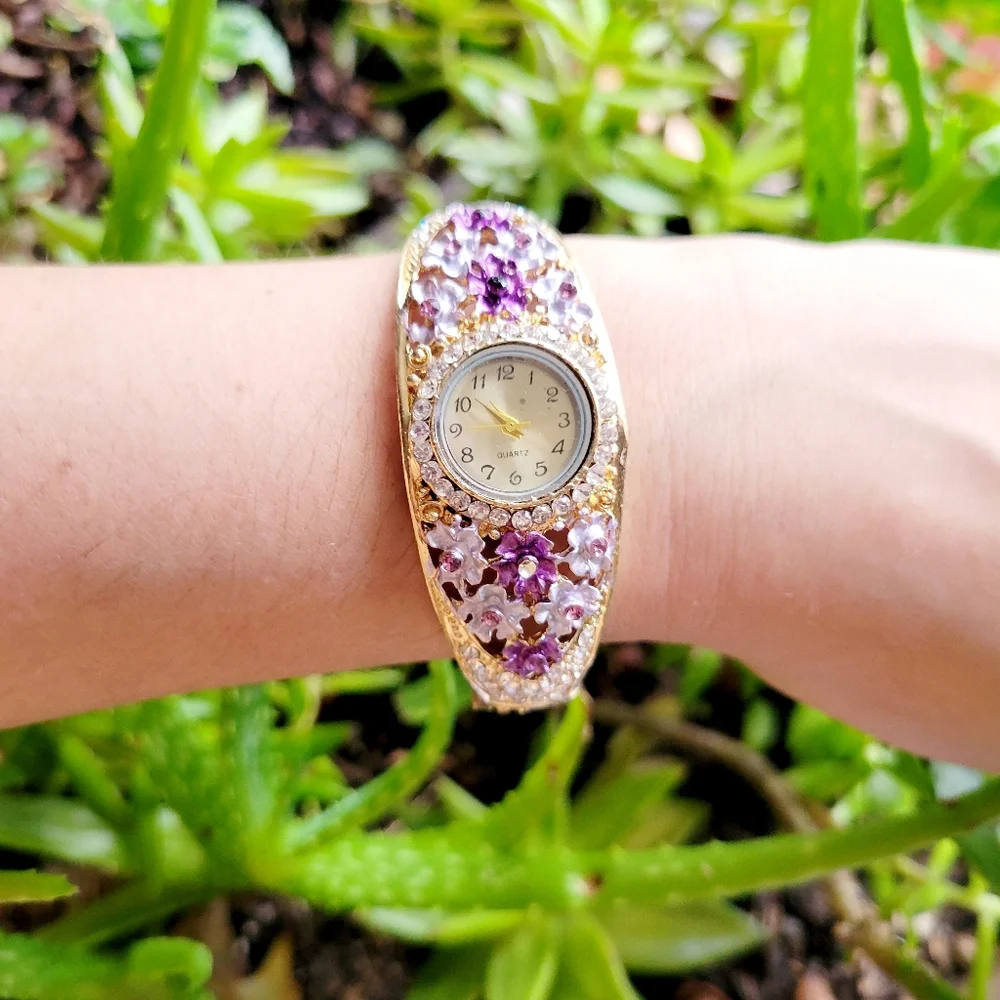 Ornate Floral Rhinestone Gold & Purple Watch